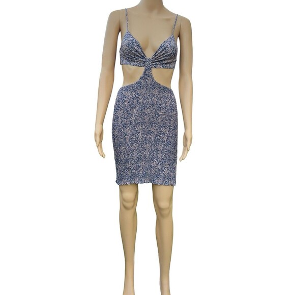 Blush BJ Blue Floral Spaghetti Strap Mini Cut-out Smocked Summer Dress Small - Picture 7 of 14